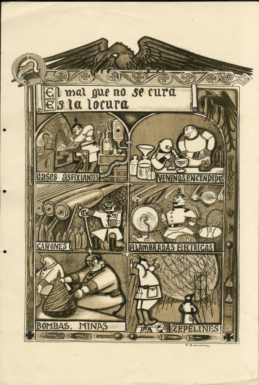Ilustrace Francisco Sancha Lengo (1874-1936) - Létající list, cca 1915 - Zlo, které není vyléčeno, je šílenství - Válka 14-18, Německo Prusko, Dusivý plyn, Španělský jazyk, Zahraniční tisk od Francisco Sancha y Lengo