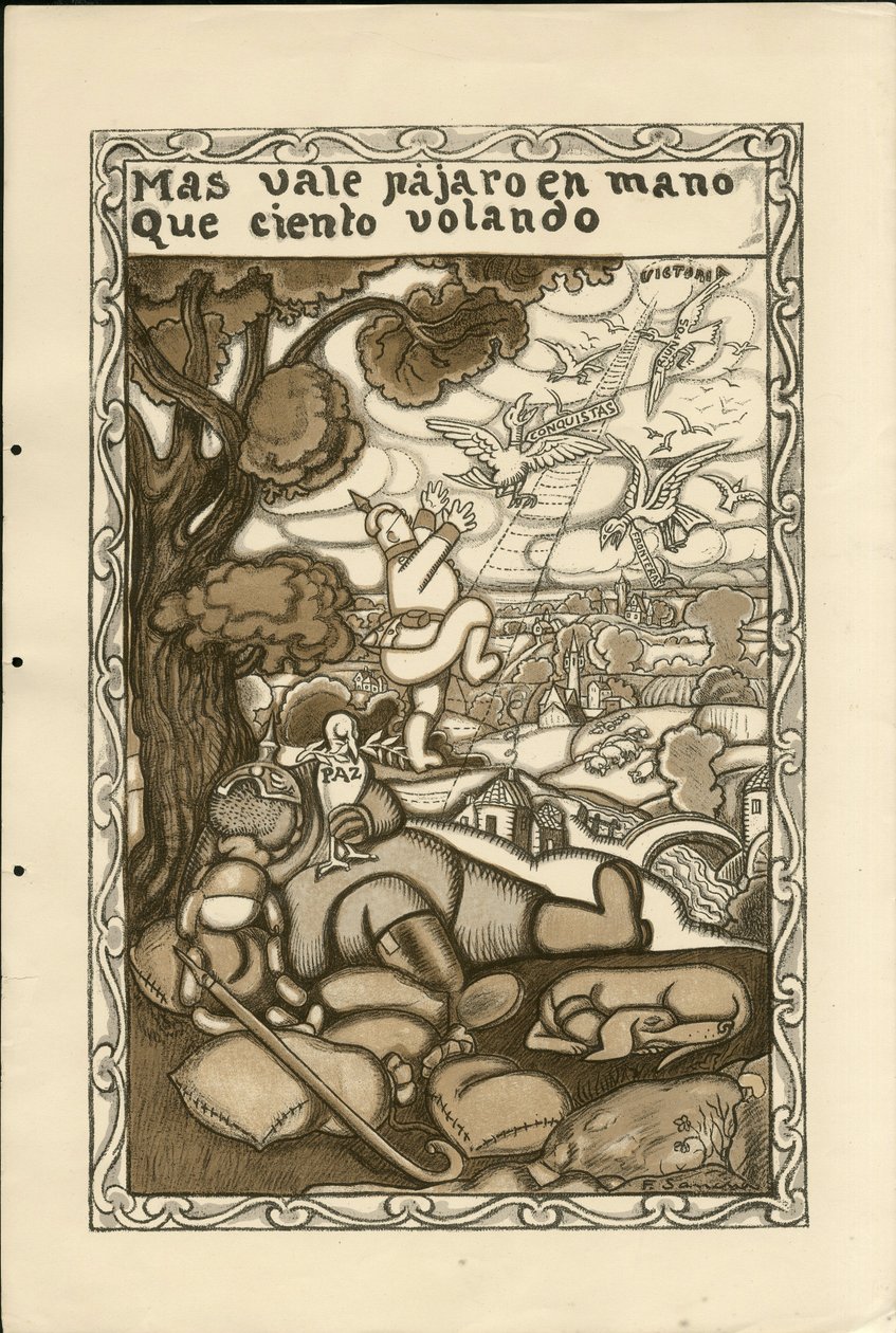 Ilustrace Francisco Sancha Lengo (1874-1936) - Flying Leaf, ca. 1915 – Větší hodnota ptáka v ruce než sto let – Válka 14-18, Německo Prusko, Bojovníci a symboly, Vítězství, Mír, Španělský jazyk, Zahraniční tisk od Francisco Sancha y Lengo