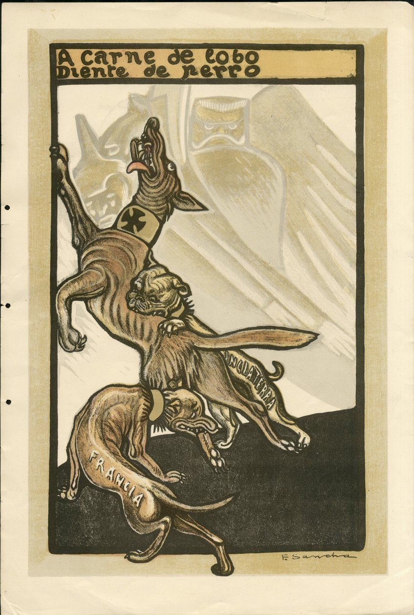 Ilustrace Francisco Sancha Lengo (1874-1936) - Létající list, cca 1915 - A carne de lobo diente de perro - Válka 14-18, Německo Prusko, Anglie Velká Británie, Belligerants a symboly, Francie, Španělský jazyk, Zahraniční tisk - Vilém II., Pes, Hid od Francisco Sancha y Lengo