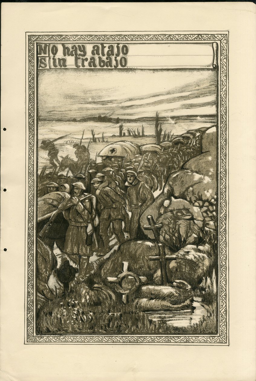 Ilustrace Francisco Sancha Lengo (1874-1936) - Létající list, cca 1915 - Bez práce není zkratka - Válka 14-18, tranše, španělský jazyk, zahraniční tisk - Vězni od Francisco Sancha y Lengo