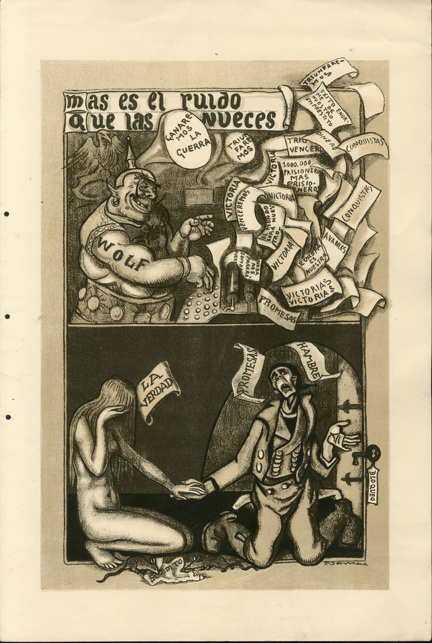 Ilustrace Francisco Sancha Lengo (1874-1936) - létající list, cca 1915 - válka 14-18, agentura Wolff, španělský jazyk, zahraniční tisk od Francisco Sancha y Lengo