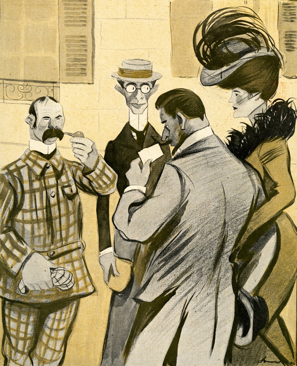 Dva Angličané se špatnou francouzštinou, 1903, neobratně ptají okouzlujícího francouzského páru na cestu. od Francisco Sancha y Lengo