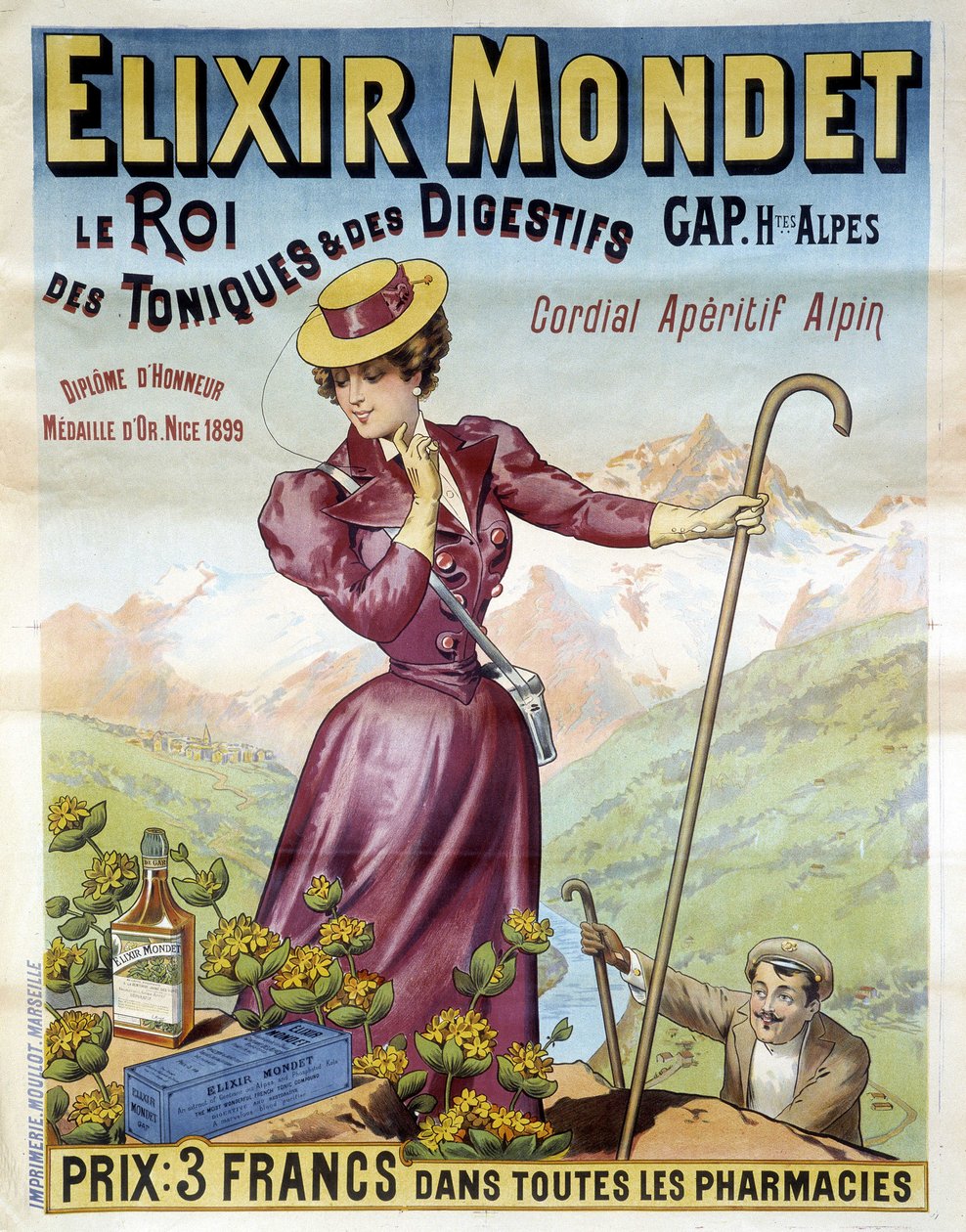 Reklamní plakát z roku 1900 na Elixir Mondet „“král tonik a digestiv, srdečný alpský aperitiv“. od Francisco Tamagno