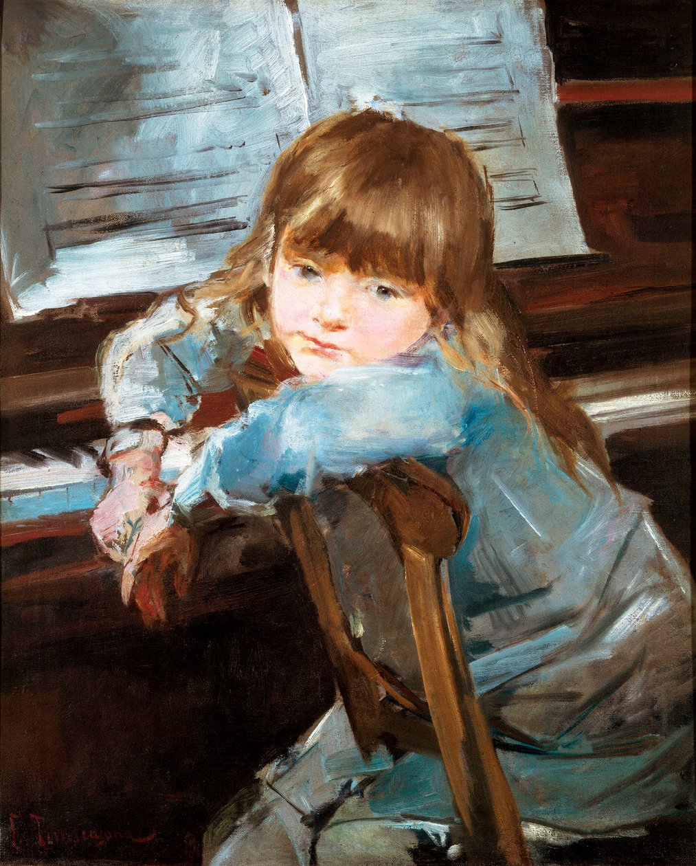 Nina ante el piano (Nina před klavírem). Obraz Francesca Torrescassany (1845-1918) od Francisco Torrescassana
