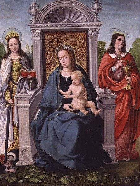 Madona s dítětem se svatou Kateřinou a svatým Janem Evangelistou, kolem 1530-40 (panel) od Francisco de (attr. to) Comontes