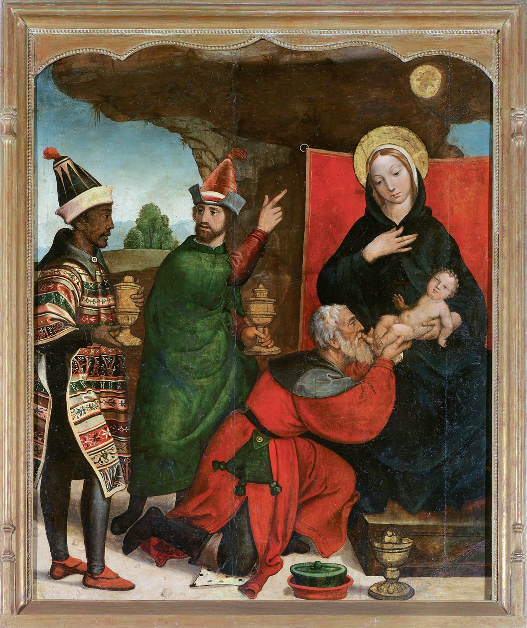 Klanění tří králů - Comontes, Francisco de (aktivní 1524-1565) - 1535-1540 - Olej na dřevě - 129x103 - Museo de Bellas Artes, Salamanca od Francisco de Comontes