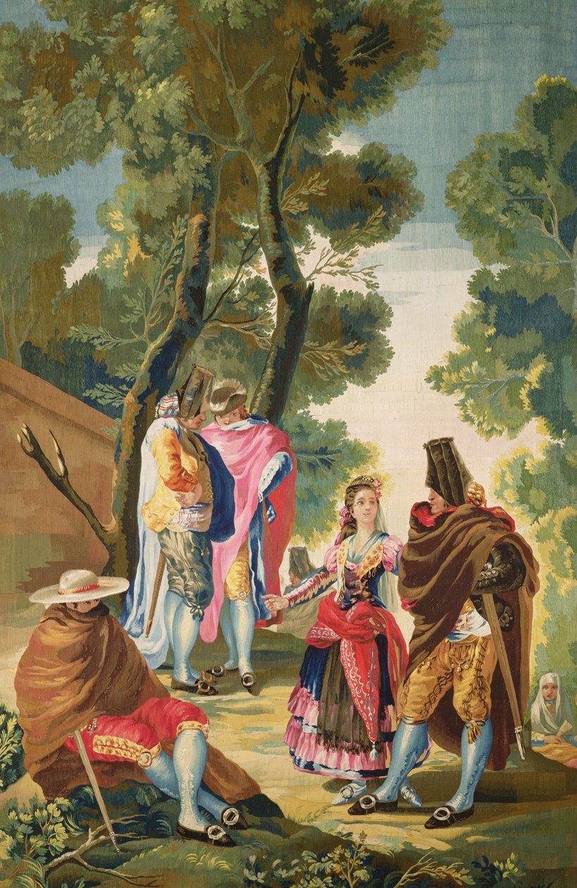 A Maja and the Masked Men, cca 1777 (tapisérie) od Francisco de Goya