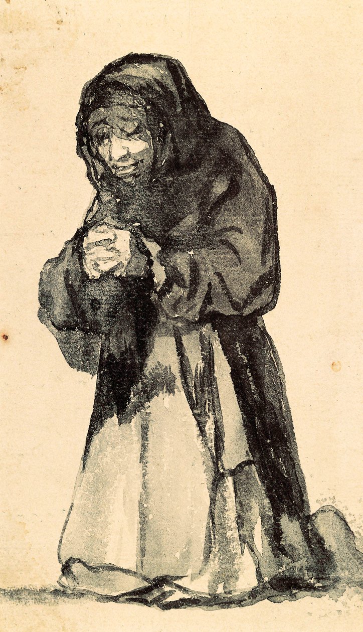 Stará žena klečící v modlitbě, začátek 19. století (kresba) od Francisco de Goya