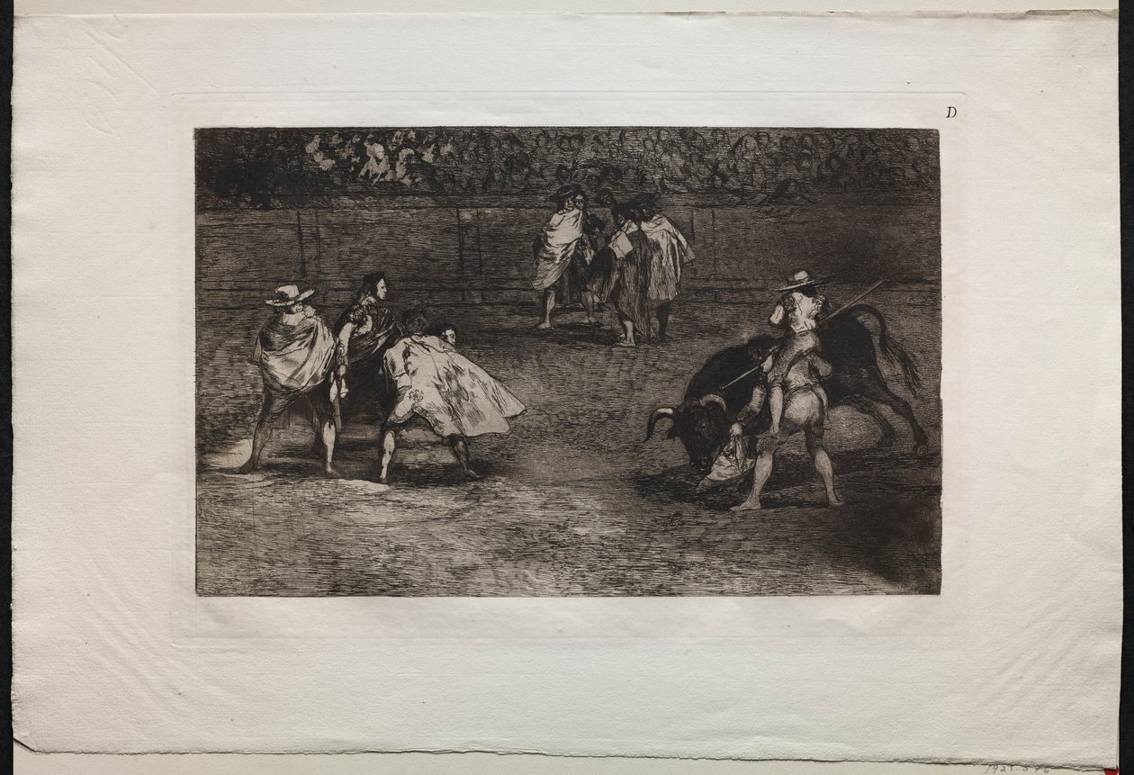 Býčí zápasy: Toreador nasazený na ramena asistenta, kopí býka, 1876. od Francisco de Goya