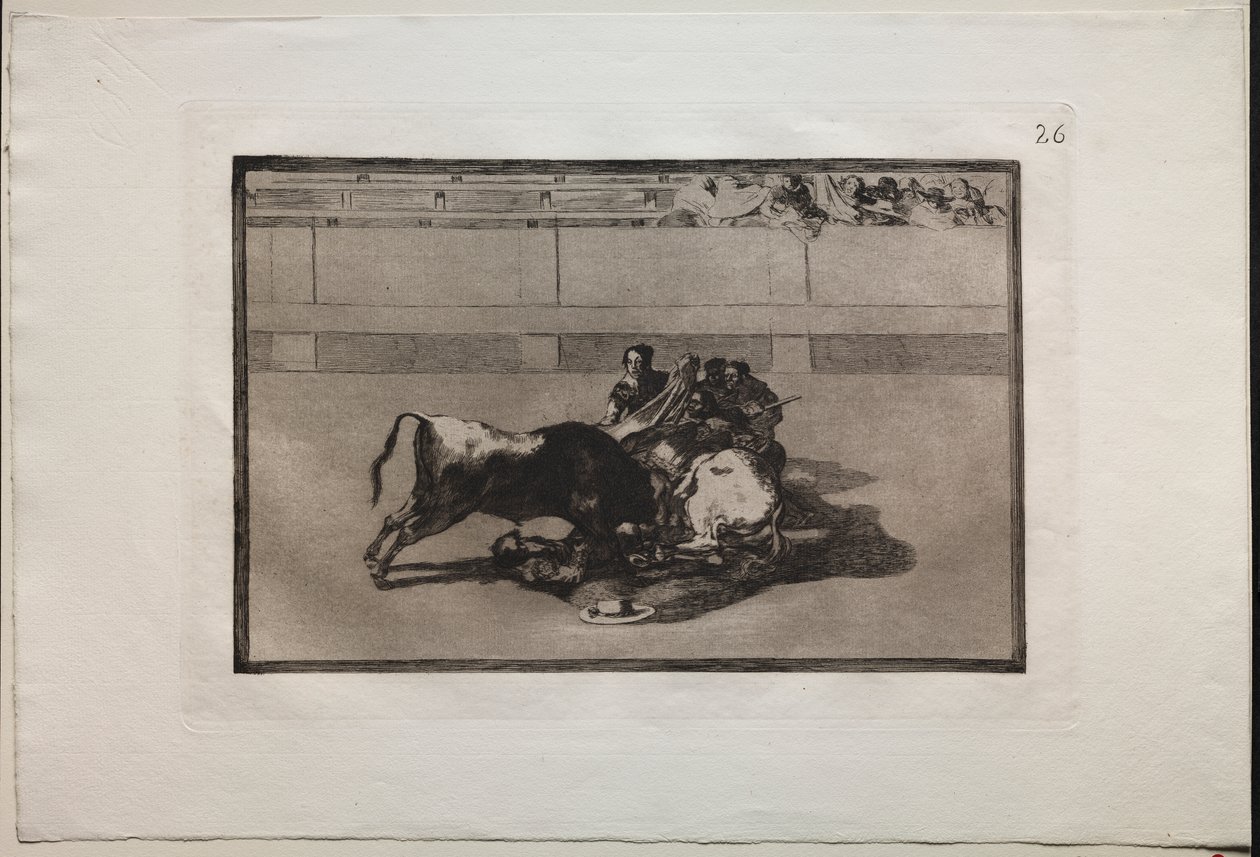 Býčí zápasy: Picador je bez koně a spadne pod býka od Francisco de Goya