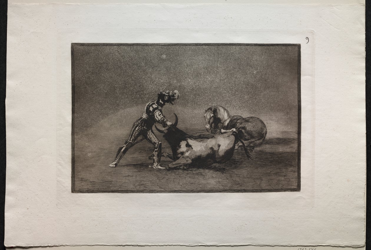 Býčí zápasy: Španělský rytíř zabije býka poté, co ztratil koně od Francisco de Goya