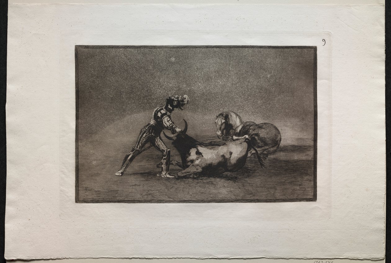 Býčí zápasy: Španělský rytíř zabil býka poté, co ztratil koně, 1876. od Francisco de Goya