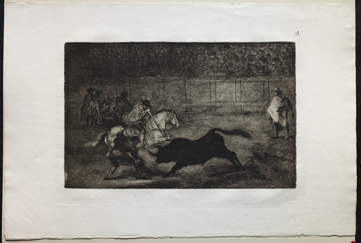 Býčí zápasy: Španělský jízdní rytíř lámající krátké oštěpy s pomocí asistentů od Francisco de Goya