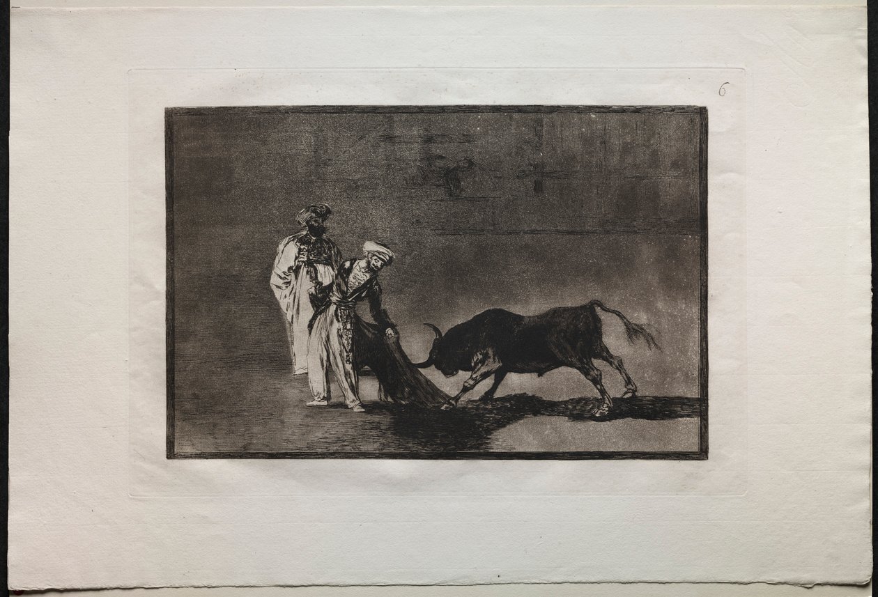 Býčí zápasy: Moors dělají jinou hru v ringu Volání býka s Burnous, 1876. od Francisco de Goya