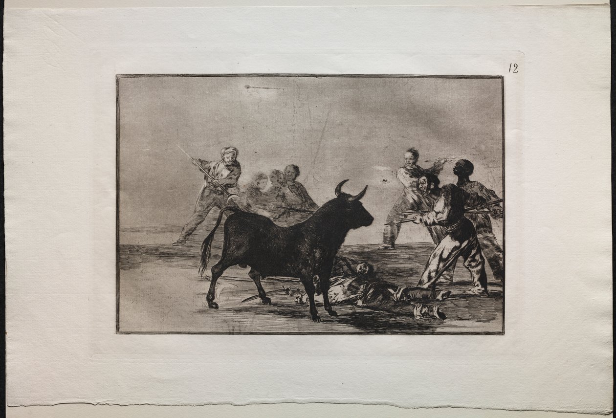 Býčí zápasy: The Rabble ochromující býka kopími, srpy, banderillami a jinými pažemi od Francisco de Goya
