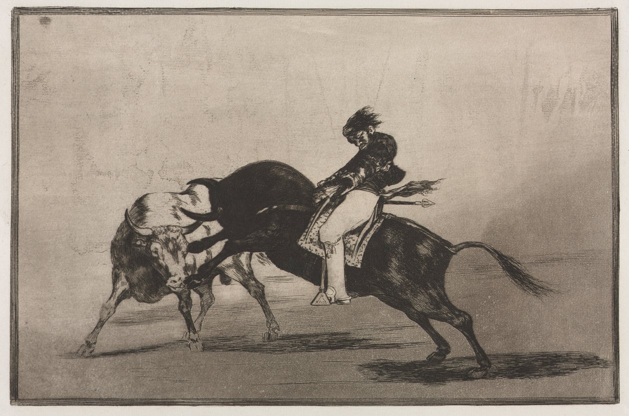 Býčí zápasy: Stejný ceballos nasazený na jiný býk láme krátké oštěpy v ringu, 1876. od Francisco de Goya