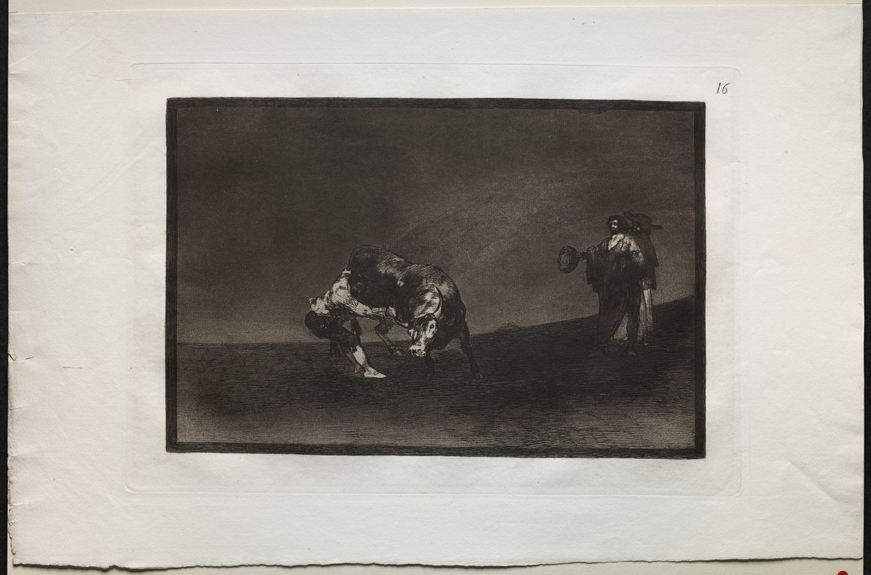 Býčí zápasy: Tentýž muž hodí býka do ringu v Madridu od Francisco de Goya