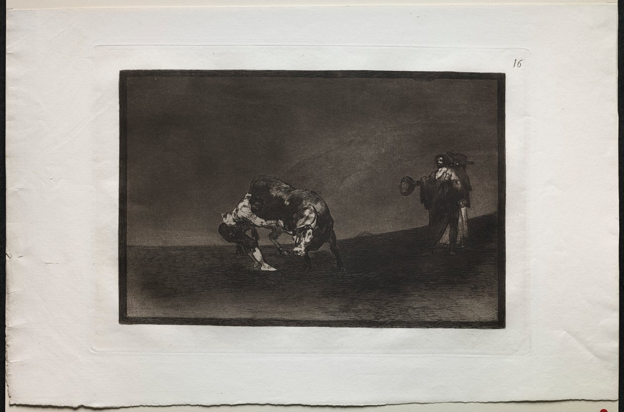 Býčí zápasy: Stejný muž hodí býka do ringu v Madridu, 1876. od Francisco de Goya