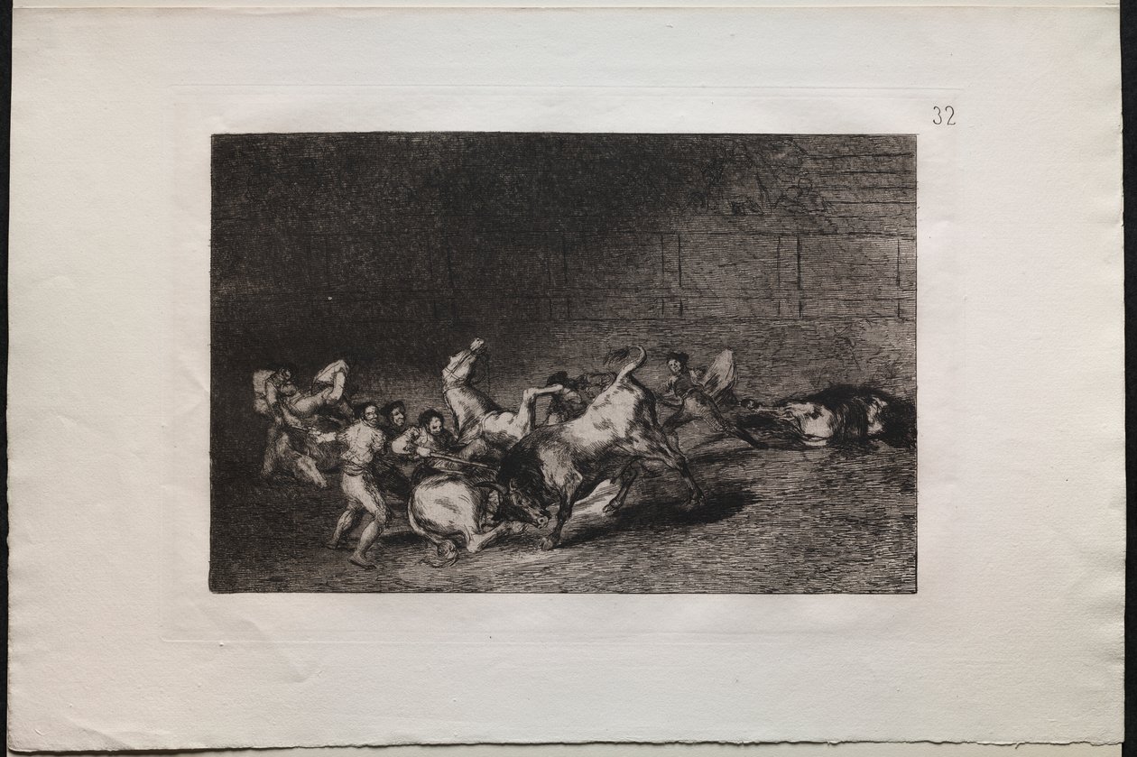 Býčí zápasy: Dva týmy Picadorů vržené jeden po druhém jedním býkem od Francisco de Goya