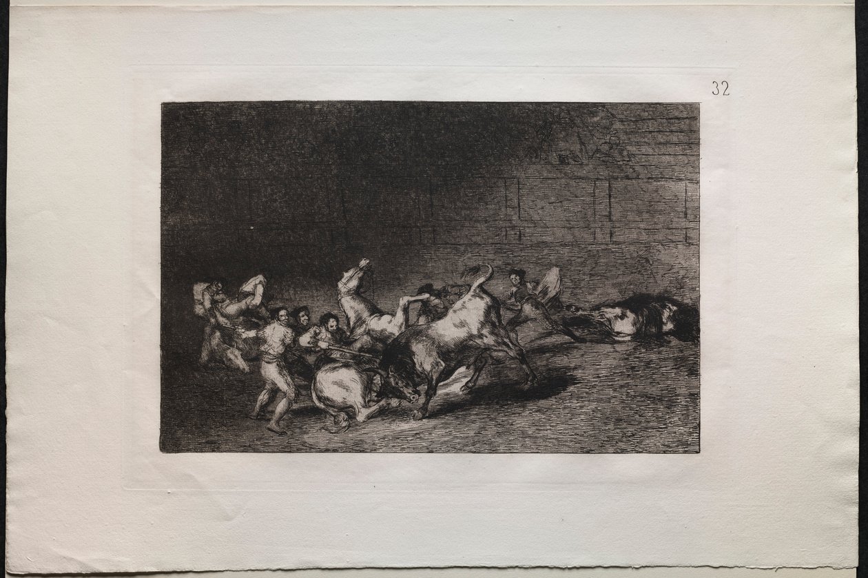 Býčí zápasy: Dva týmy Picadorů vržené jeden po druhém jedním býkem, 1876. od Francisco de Goya
