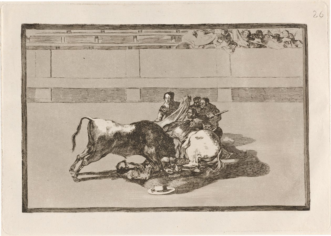 Pád pikadora z koně pod býkem (Pikador je bez koně a spadne pod býka) od Francisco de Goya