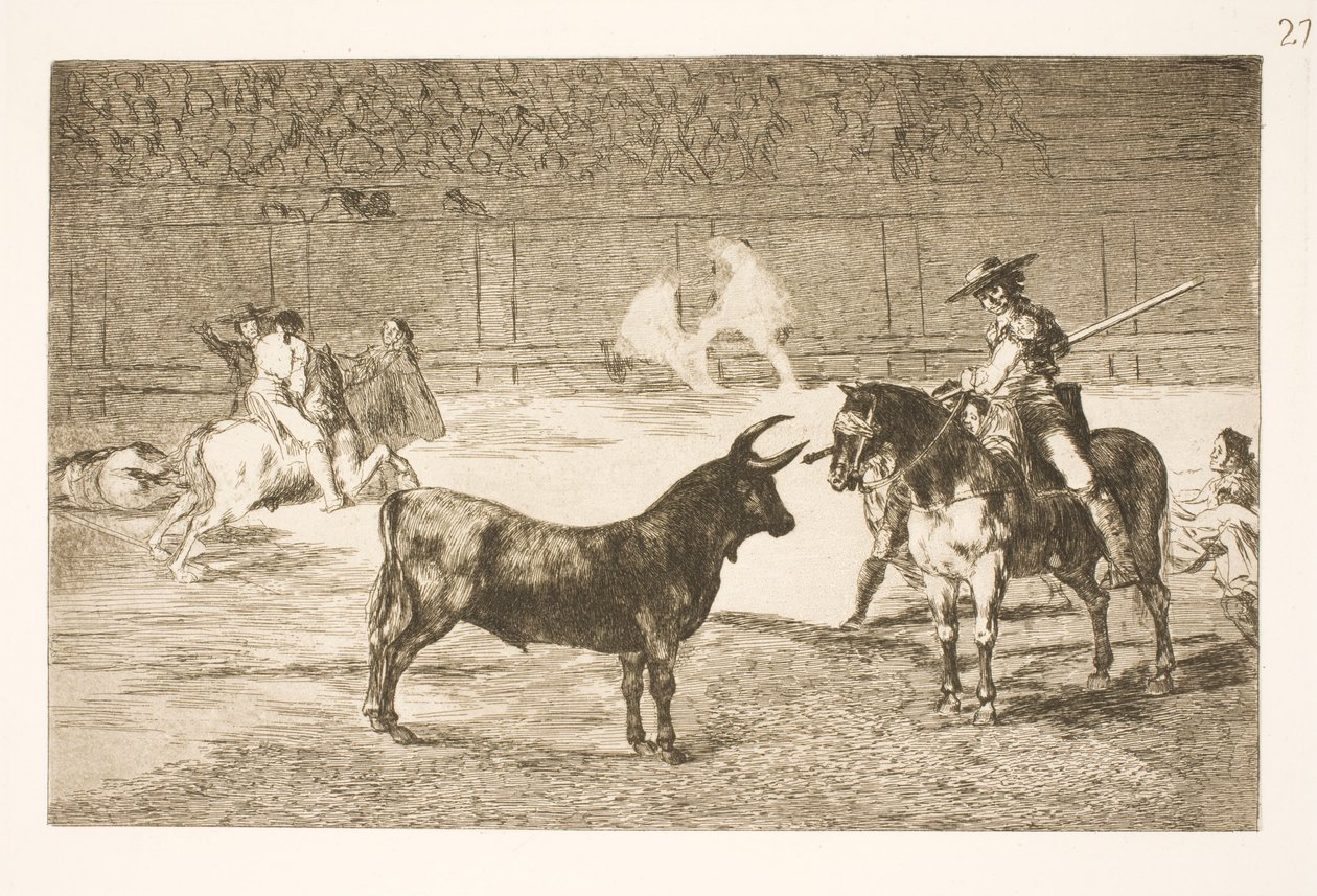 Slavný pikador, Fernando del Toro, provokuje býka Olme svým kopím od Francisco de Goya