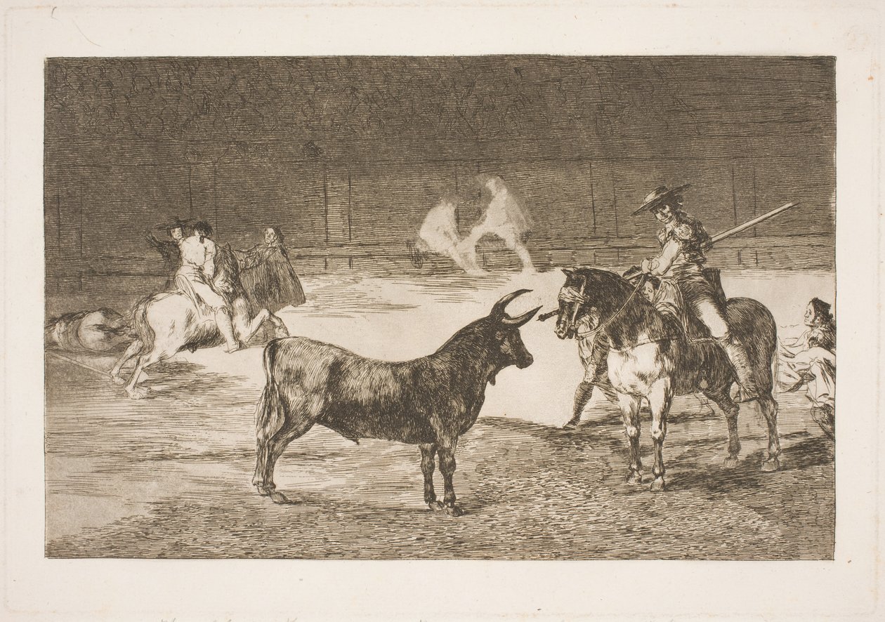 Slavný pikador, Fernando del Toro, provokuje býka Olme svým kopím od Francisco de Goya