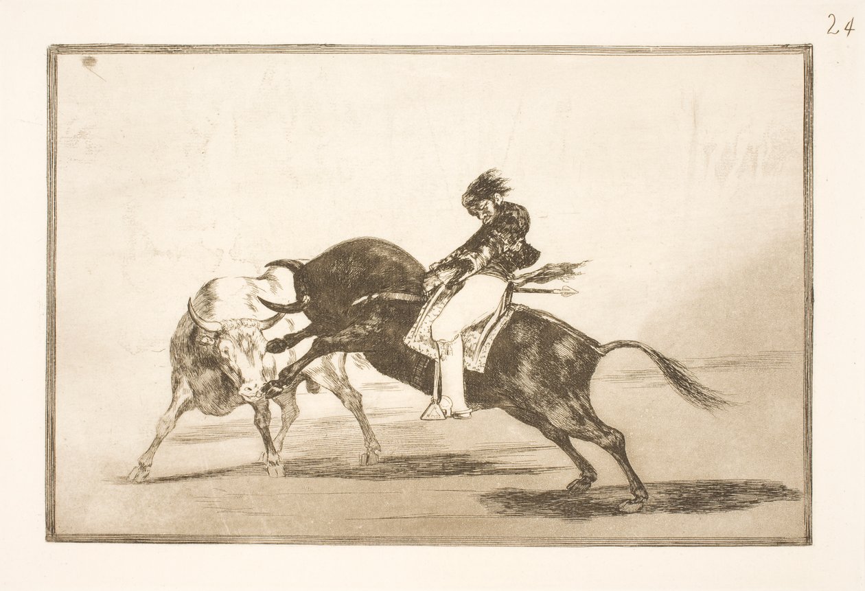 Tentýž Ceballos, sedící na hřbetě jiného býka, láme v madridské aréně krátké oštěpy od Francisco de Goya