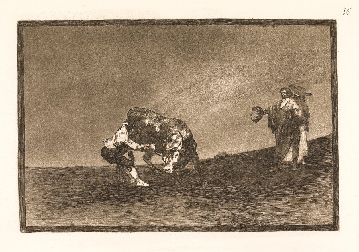 Tentýž muž přetáhne býka v madridské aréně od Francisco de Goya