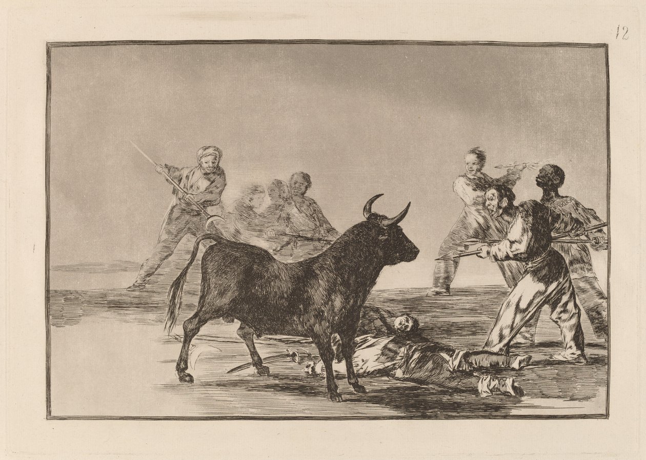 Rabble ochromí býka s kopími, srpy, banderillami a jinými pažemi od Francisco de Goya