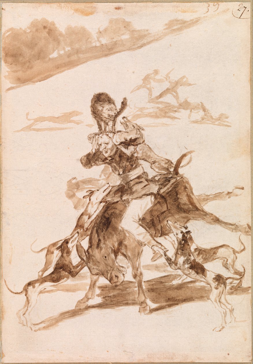 Psi honí kočku na muže na oslu od Francisco de Goya