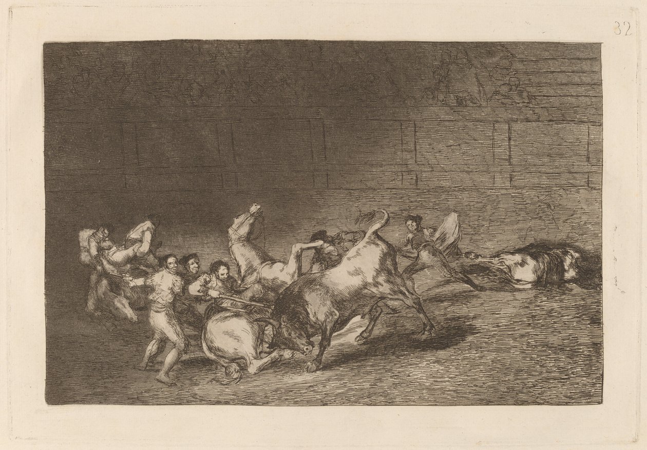Dva týmy Picadorů vržené jeden po druhém jediným býkem od Francisco de Goya