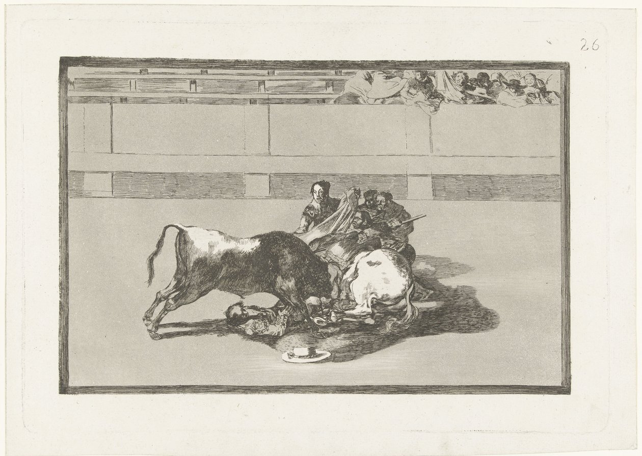 Picador byl sražen z koně a leží pod býkem Caida de un picador de su caballo debajo del toro La Tauromaquia (název série) Býčí zápasy (název seriálu) od Francisco de Goya
