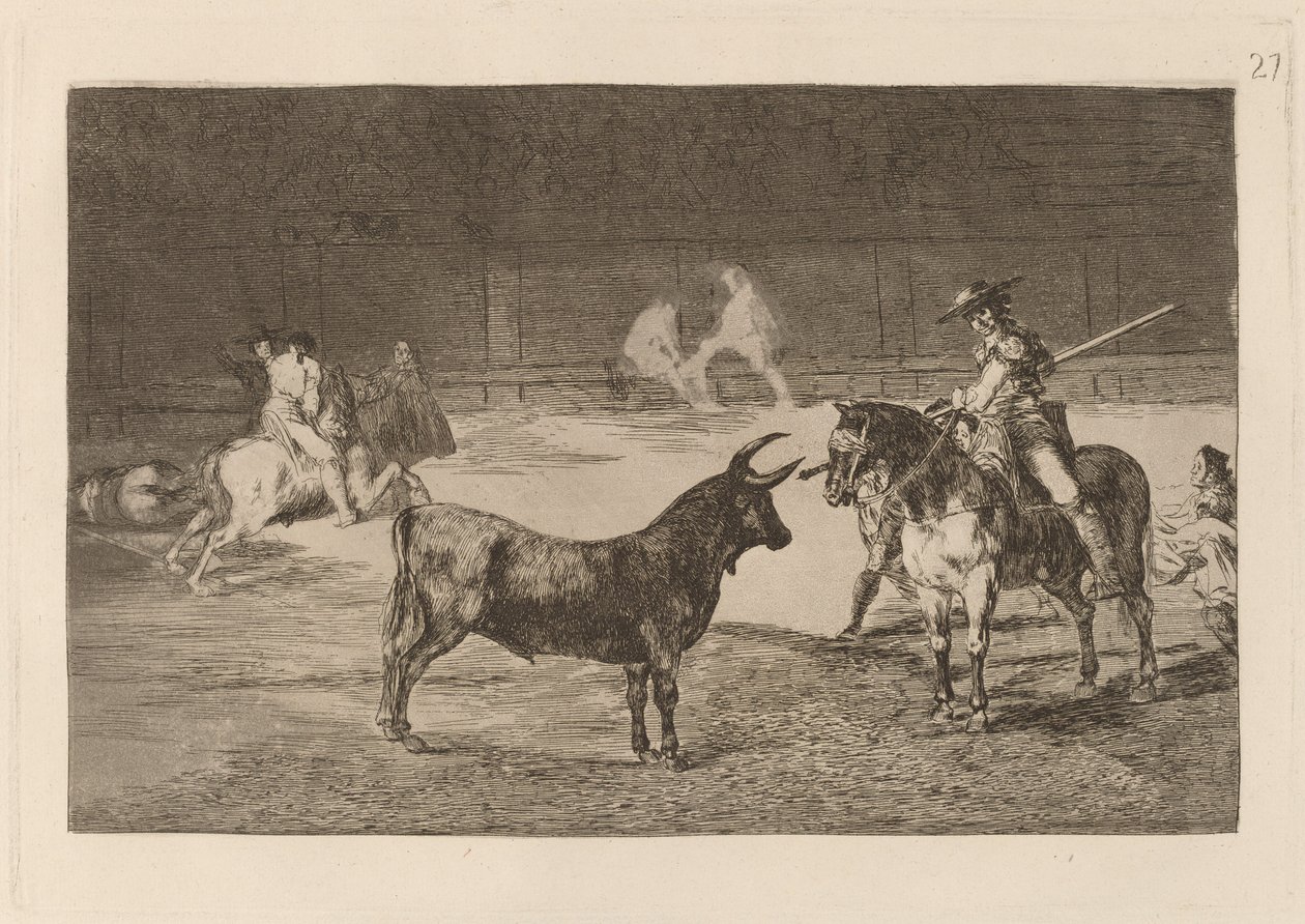 Slavný Fernando del Toro, barilarguero, nutící bestii svou tyčí (Slavný Picador, Fernando del Toro, přitahuje divokou bestii svým Piquem) od Francisco de Goya