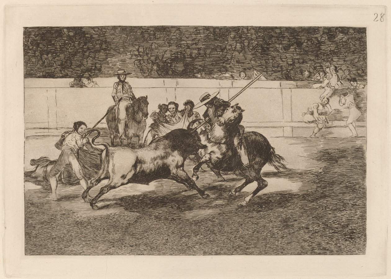 Nucený Rendon kousající býka, jehož osudu zemřel na madridském náměstí (The Forceful Rendon Bodl Bull with the Pique, from which Pass He Died in the Ring at Madrid) od Francisco de Goya