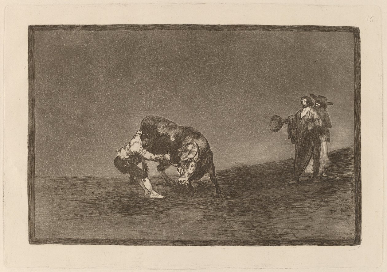 Sám převrhne býka na madridském náměstí (Ten stejný muž hodí býka do ringu v Madridu) od Francisco de Goya