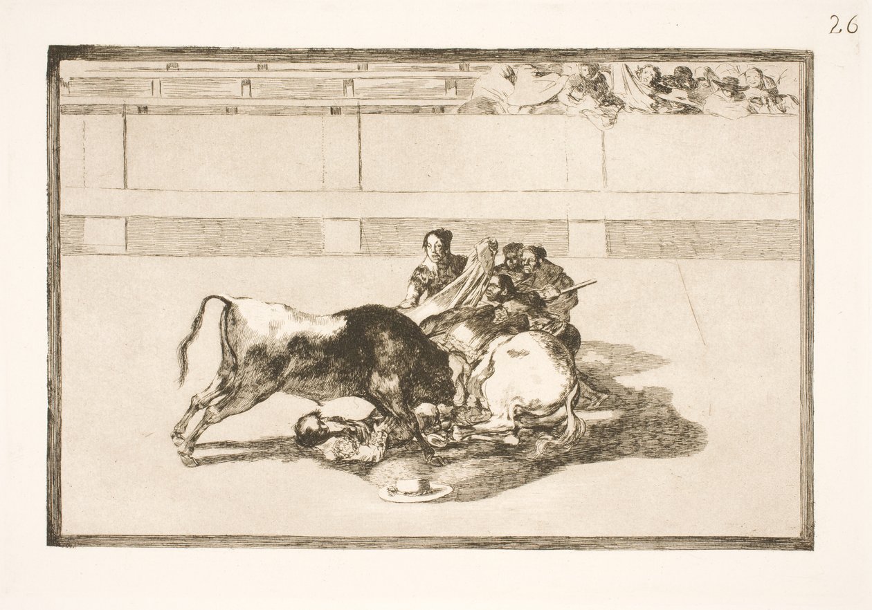 Pikador je shozen z koně a zřítí se pod býka od Francisco de Goya
