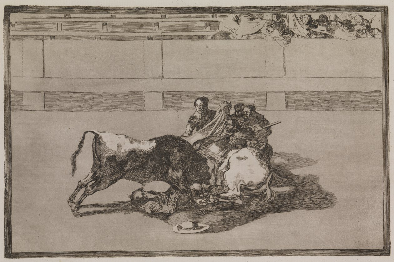 Pikador je shozen z koně a zřítí se pod býka od Francisco de Goya