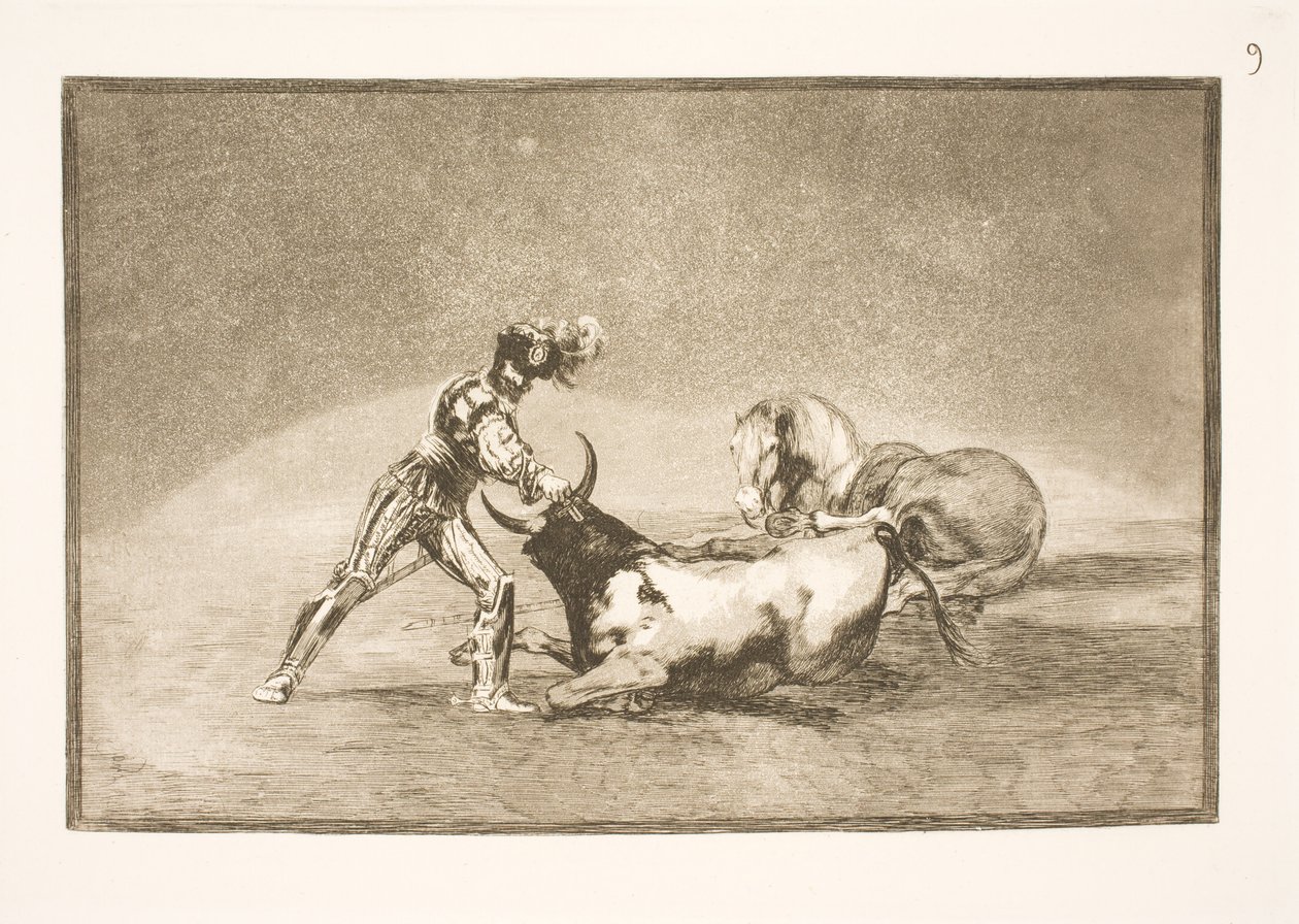 Španělský jezdec zabije býka poté, co ztratil koně od Francisco de Goya