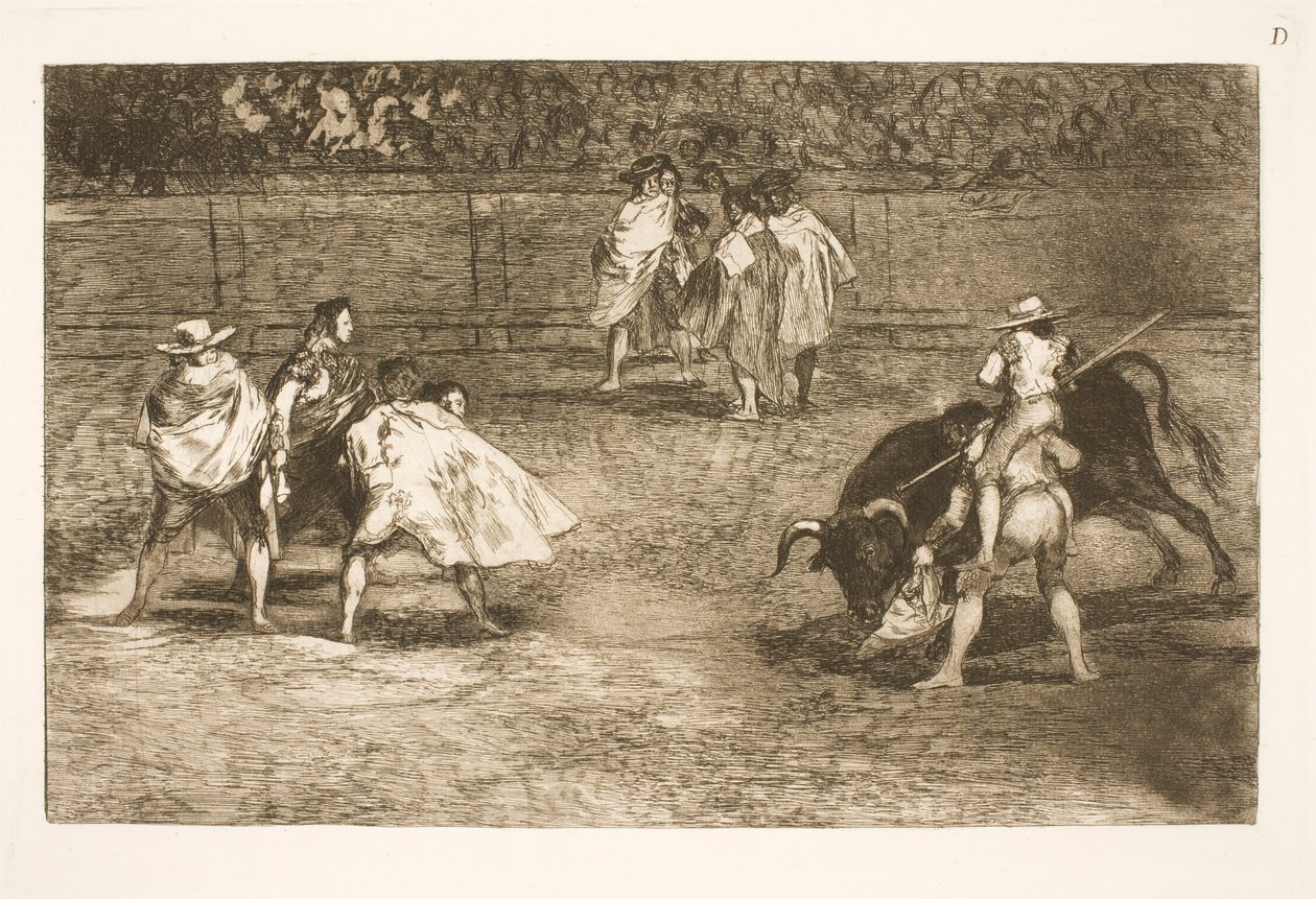 Toreador, sedící na ramenou asistenta, zablokuje býka od Francisco de Goya