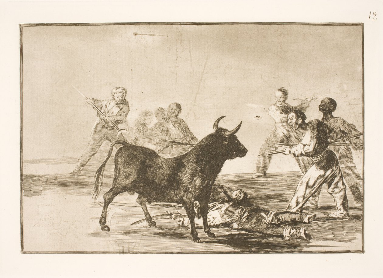 Lidé bodají býka kopími, srpy, banderillami a dalšími zbraněmi od Francisco de Goya