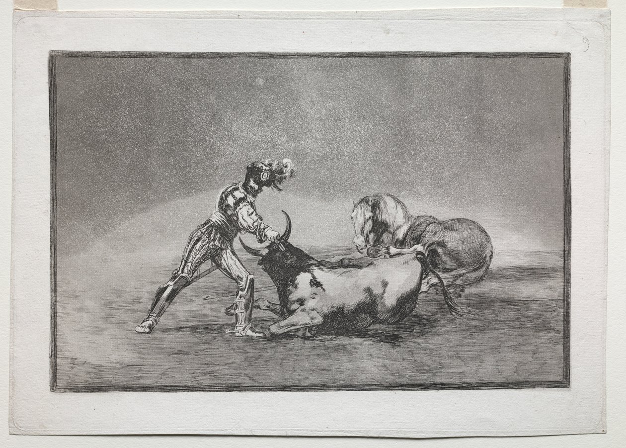 La Tauromaquia: Španělský rytíř zabil býka poté, co ztratil koně od Francisco de Goya