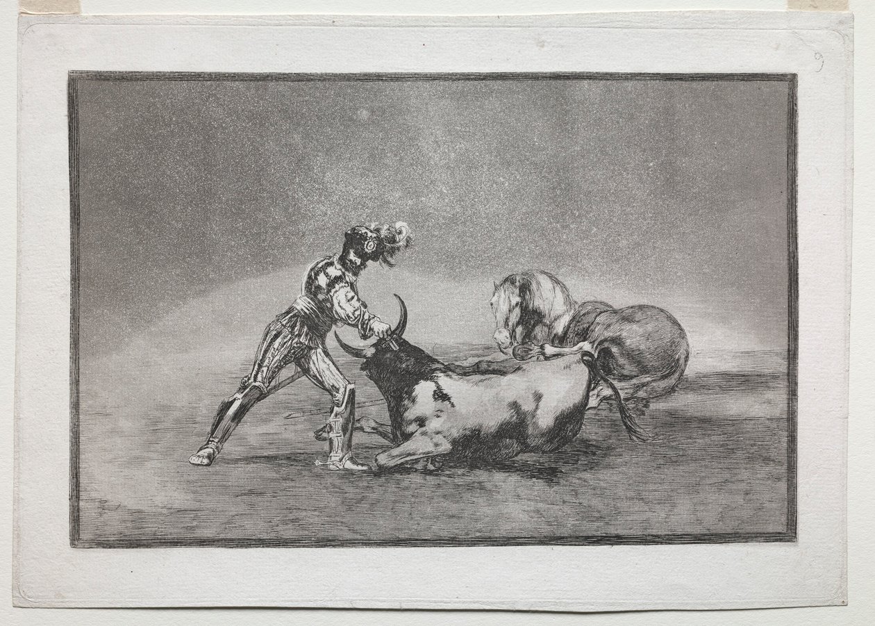 La Tauramaquia: Španělský rytíř zabil býka poté, co ztratil koně, 1815-1816. od Francisco de Goya