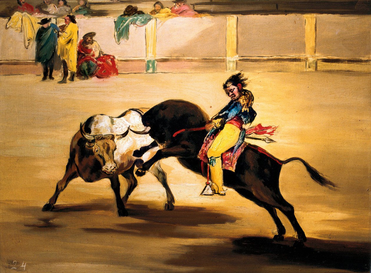Mariano Ceballos zvaný „Indián“ na hřbetě býka láme štiku v madridských arénách, c. 1810 (malba) od Francisco de Goya