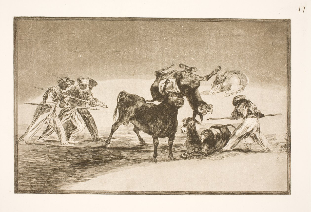 Maurové používají osly jako bariéru k obraně proti býkovi, jehož rohy byly opatřeny kulkami od Francisco de Goya