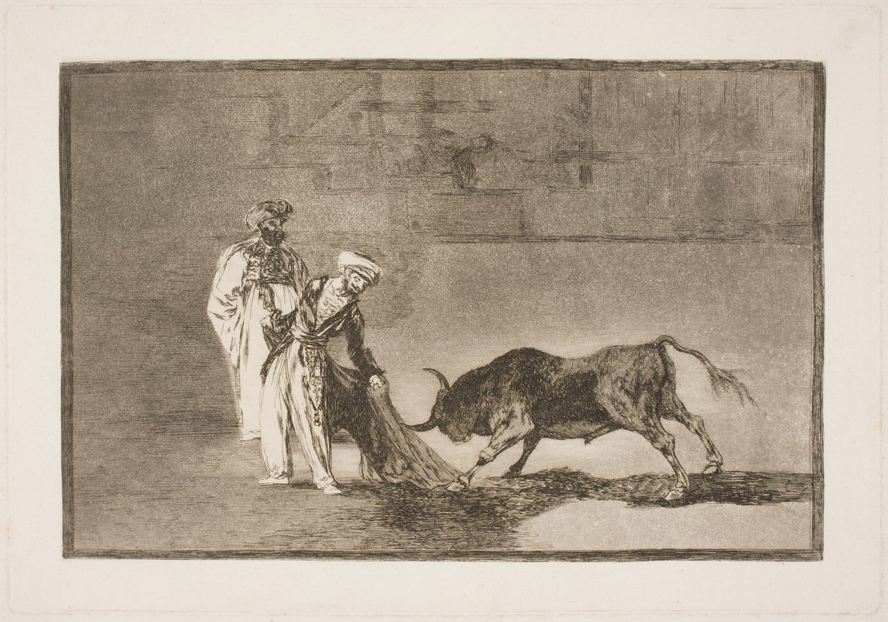 Maurové v aréně vynakládají velké úsilí, aby přilákali býka pomocí svého burnusu od Francisco de Goya