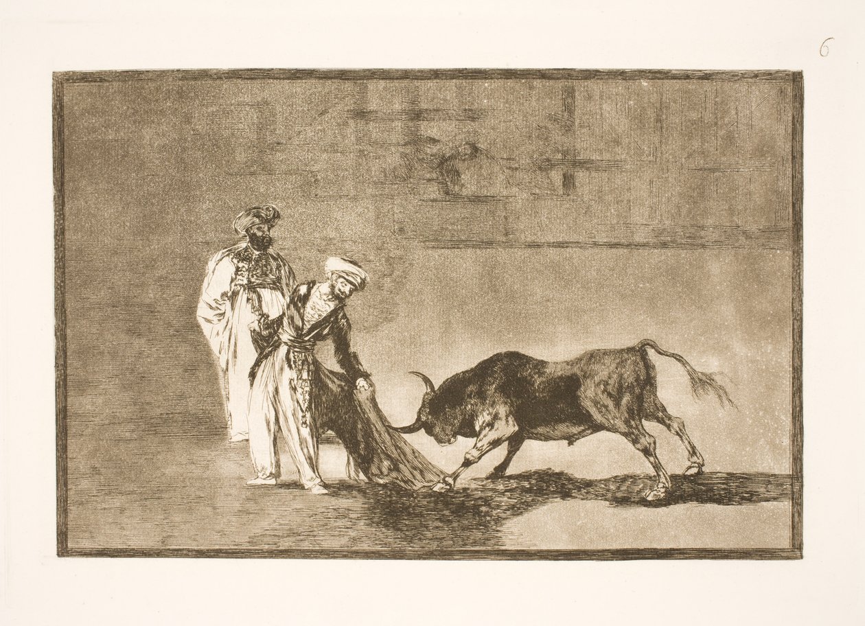 Maurové předvádějí v aréně další trik, lákají k sobě býky svými burnusy od Francisco de Goya