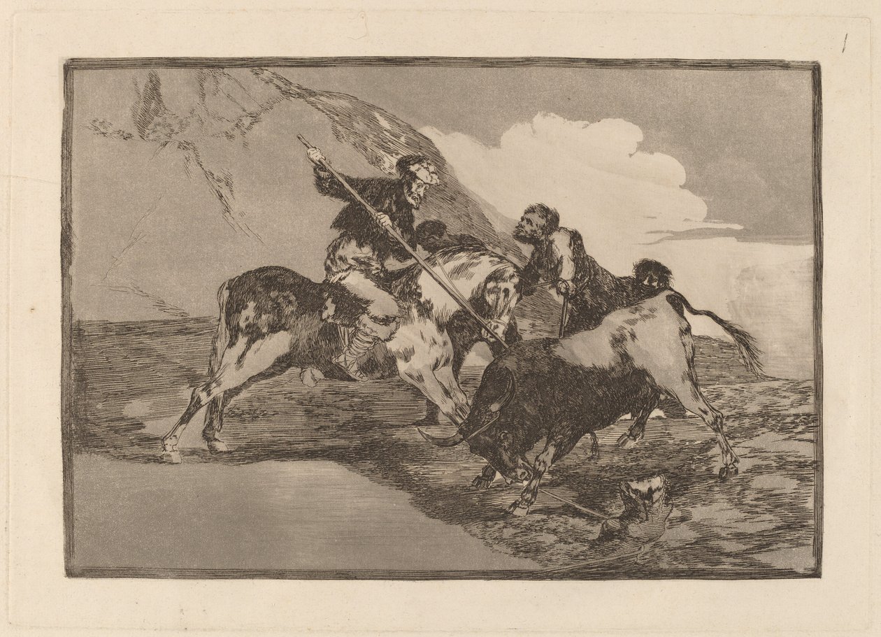 Způsob, jakým staří Španělé lovili býky na koni na poli (The Way in the Ancient Spaniards Hunted Bulls on Horseback in Open Country) od Francisco de Goya