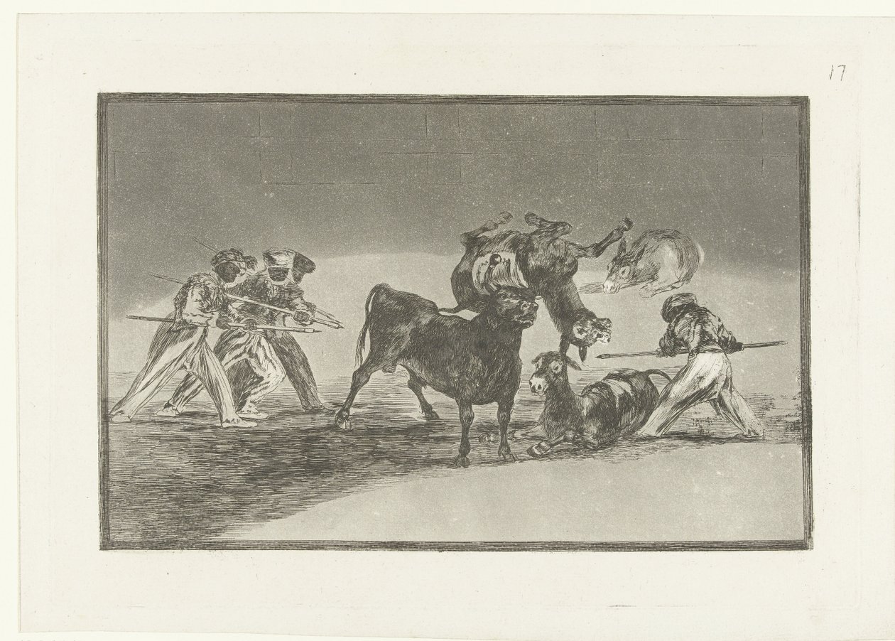 Maurové a osli bojující s býkem Palenque de los Moros hecho con burros para defence del toro embolado La Tauromaquia (název série) Býčí zápasy (název seriálu) od Francisco de Goya