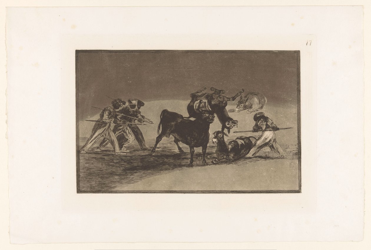 Maurové a osli bojující s býkem Palenque de los Moros hecho con burros para defence del toro embolado Býčí zápasy (název série) La Taureaumachie (název série) La Tauromaquia (název série) od Francisco de Goya